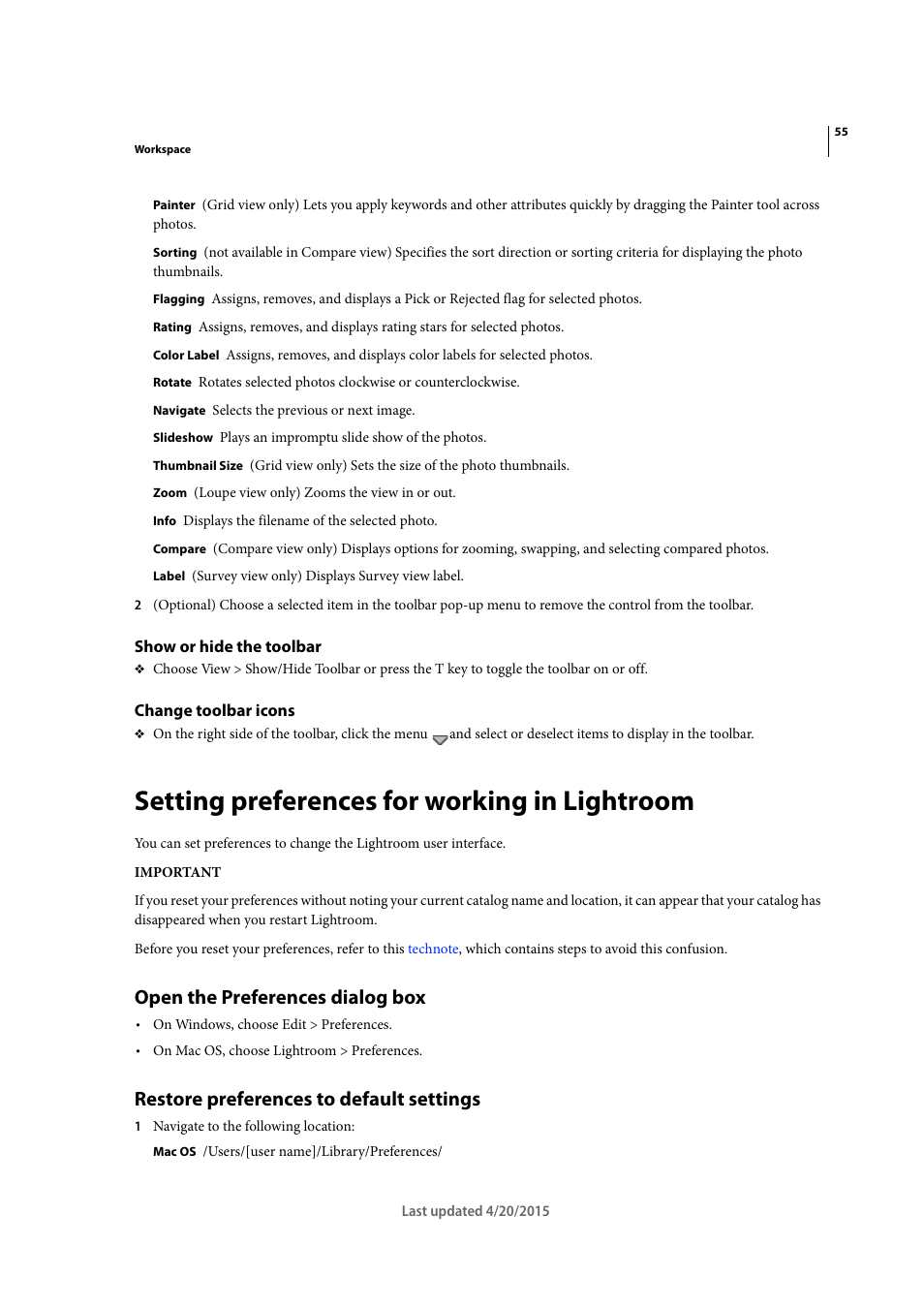 Show or hide the toolbar, Change toolbar icons, Setting preferences for working in lightroom | Open the preferences dialog box, Restore preferences to default settings | Adobe Photoshop Lightroom CC User Manual | Page 60 / 261