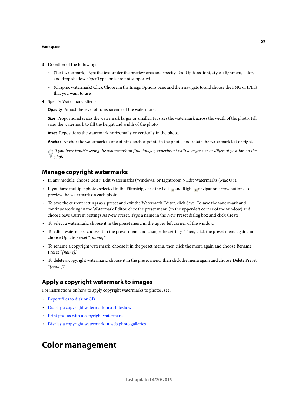 Manage copyright watermarks, Apply a copyright watermark to images, Color management | Adobe Photoshop Lightroom CC User Manual | Page 64 / 261