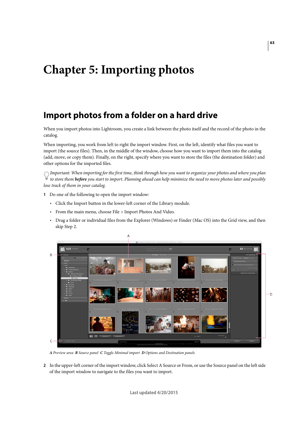 Chapter 5: importing photos, Import photos from a folder on a hard drive | Adobe Photoshop Lightroom CC User Manual | Page 68 / 261