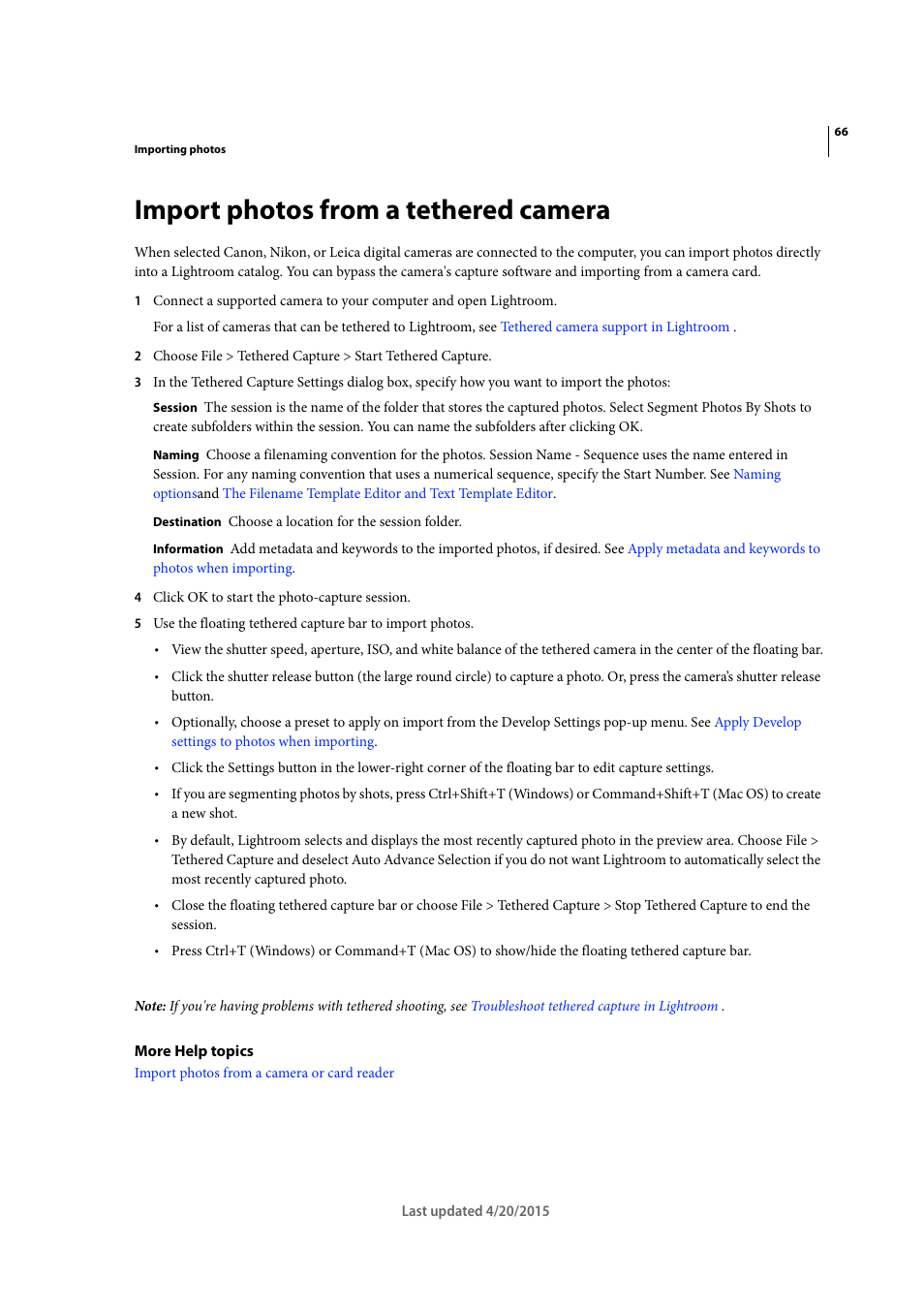 Import photos from a tethered camera | Adobe Photoshop Lightroom CC User Manual | Page 71 / 261