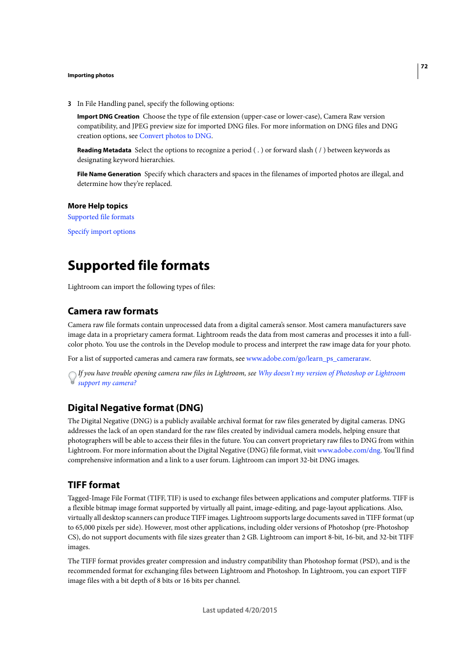 Supported file formats, Camera raw formats, Digital negative format (dng) | Tiff format | Adobe Photoshop Lightroom CC User Manual | Page 77 / 261