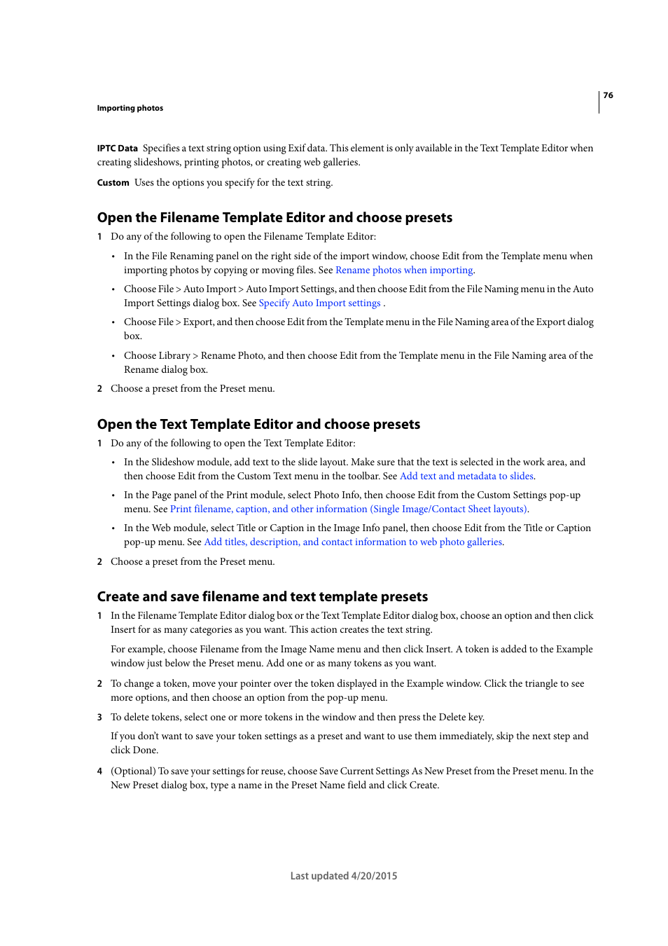 Open the text template editor and choose presets, Create and save filename and text template presets | Adobe Photoshop Lightroom CC User Manual | Page 81 / 261