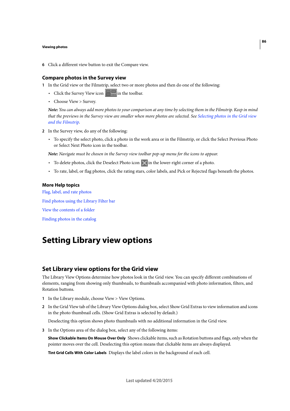 Compare photos in the survey view, Setting library view options, Set library view options for the grid view | Adobe Photoshop Lightroom CC User Manual | Page 91 / 261