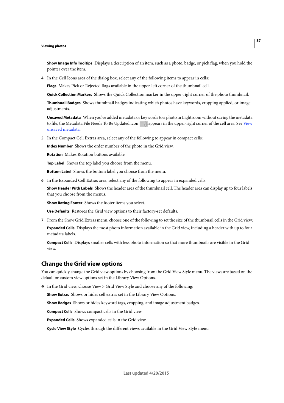 Change the grid view options | Adobe Photoshop Lightroom CC User Manual | Page 92 / 261