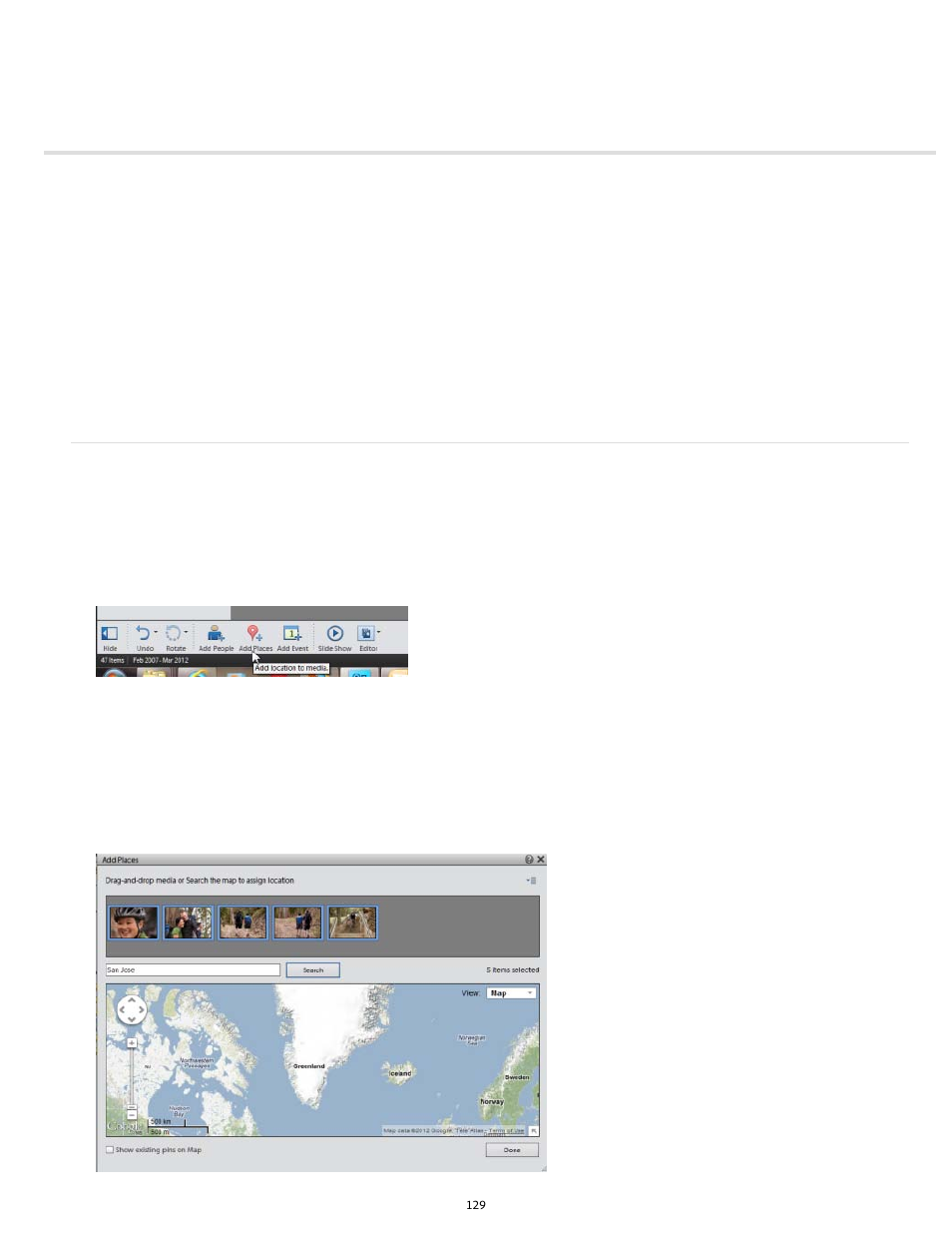 Adding and managing place (location) data | Adobe Elements Organizer 12 User Manual | Page 132 / 238