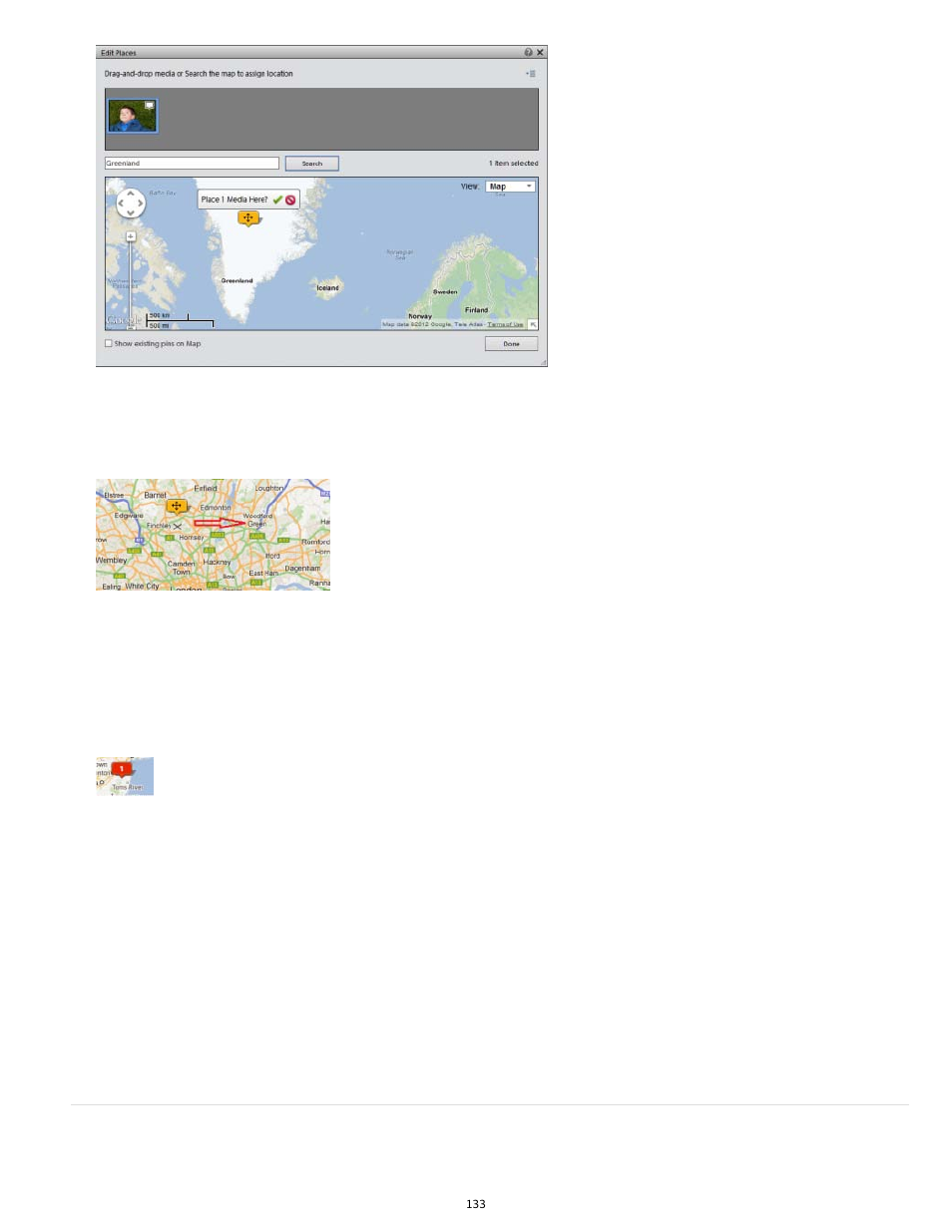 Viewing place (location) data in the map pane | Adobe Elements Organizer 12 User Manual | Page 136 / 238