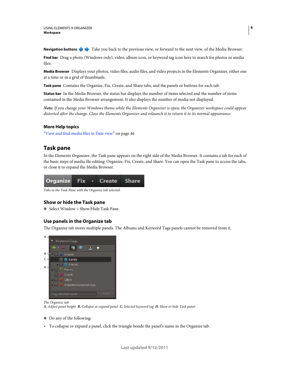 Task pane, Show or hide the task pane, Use panels in the organize tab | Adobe Elements Organizer 9 User Manual | Page 10 / 180