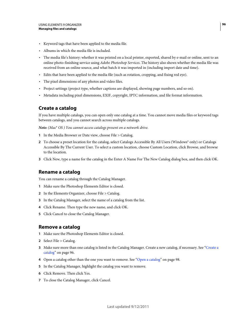 Create a catalog, Rename a catalog, Remove a catalog | Adobe Elements Organizer 9 User Manual | Page 100 / 180