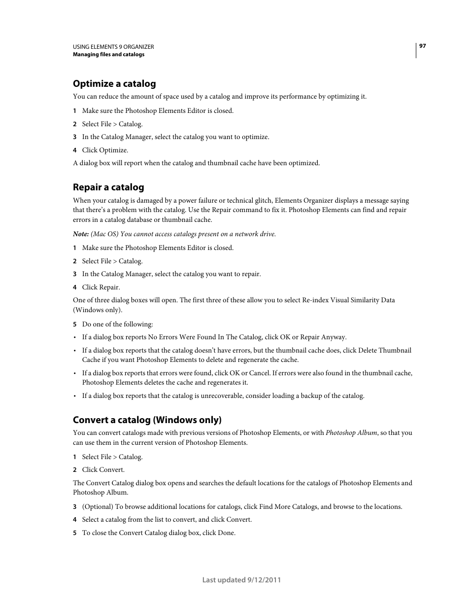 Optimize a catalog, Repair a catalog, Convert a catalog (windows only) | Adobe Elements Organizer 9 User Manual | Page 101 / 180