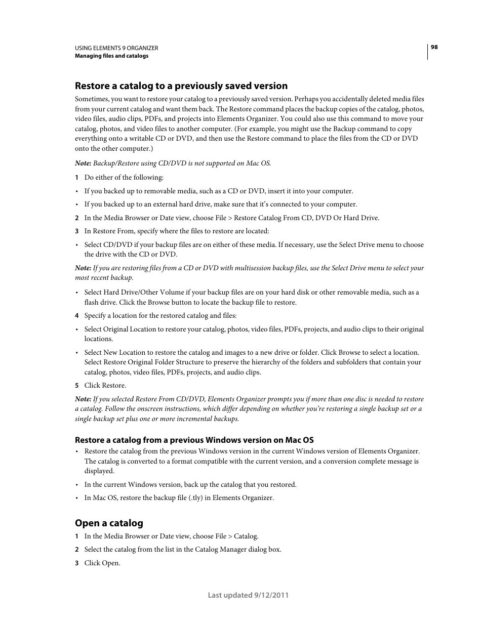 Restore a catalog to a previously saved version, Open a catalog | Adobe Elements Organizer 9 User Manual | Page 102 / 180