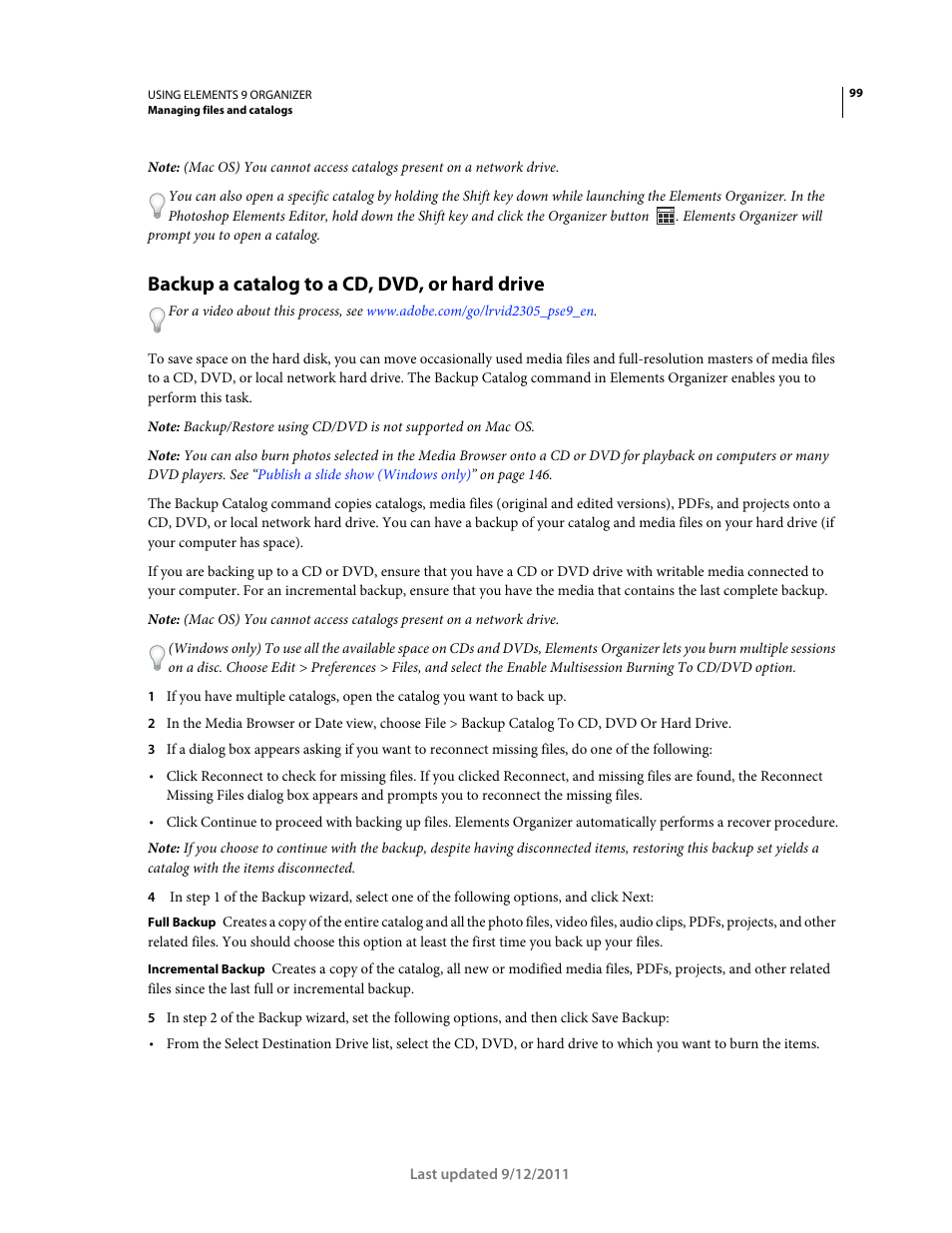 Backup a catalog to a cd, dvd, or hard drive | Adobe Elements Organizer 9 User Manual | Page 103 / 180