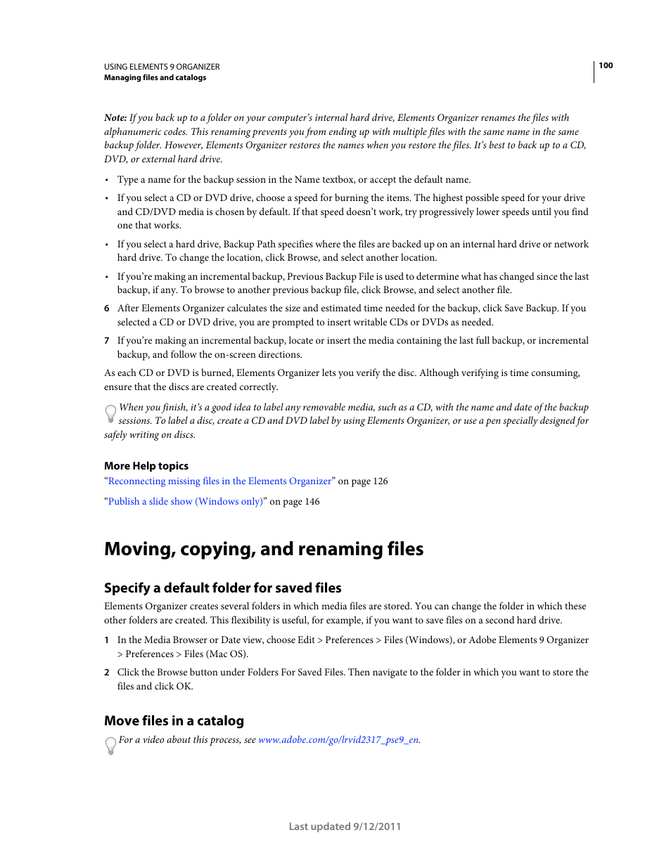 Moving, copying, and renaming files, Specify a default folder for saved files, Move files in a catalog | Adobe Elements Organizer 9 User Manual | Page 104 / 180