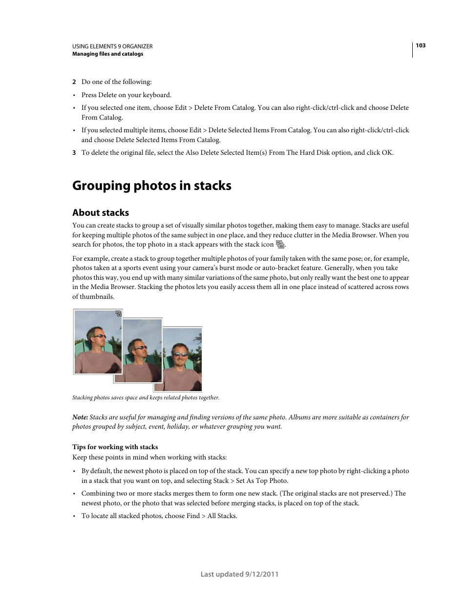 Grouping photos in stacks, About stacks | Adobe Elements Organizer 9 User Manual | Page 107 / 180