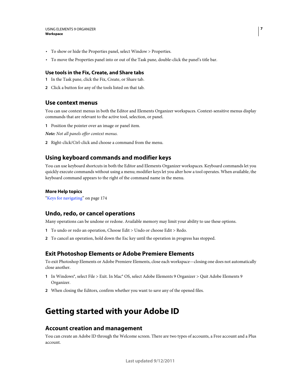 Use tools in the fix, create, and share tabs, Use context menus, Using keyboard commands and modifier keys | Undo, redo, or cancel operations, Exit photoshop elements or adobe premiere elements, Getting started with your adobe id, Account creation and management | Adobe Elements Organizer 9 User Manual | Page 11 / 180