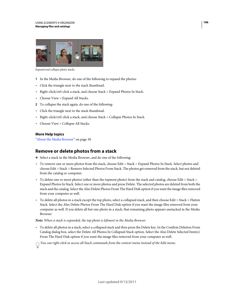 Remove or delete photos from a stack | Adobe Elements Organizer 9 User Manual | Page 110 / 180