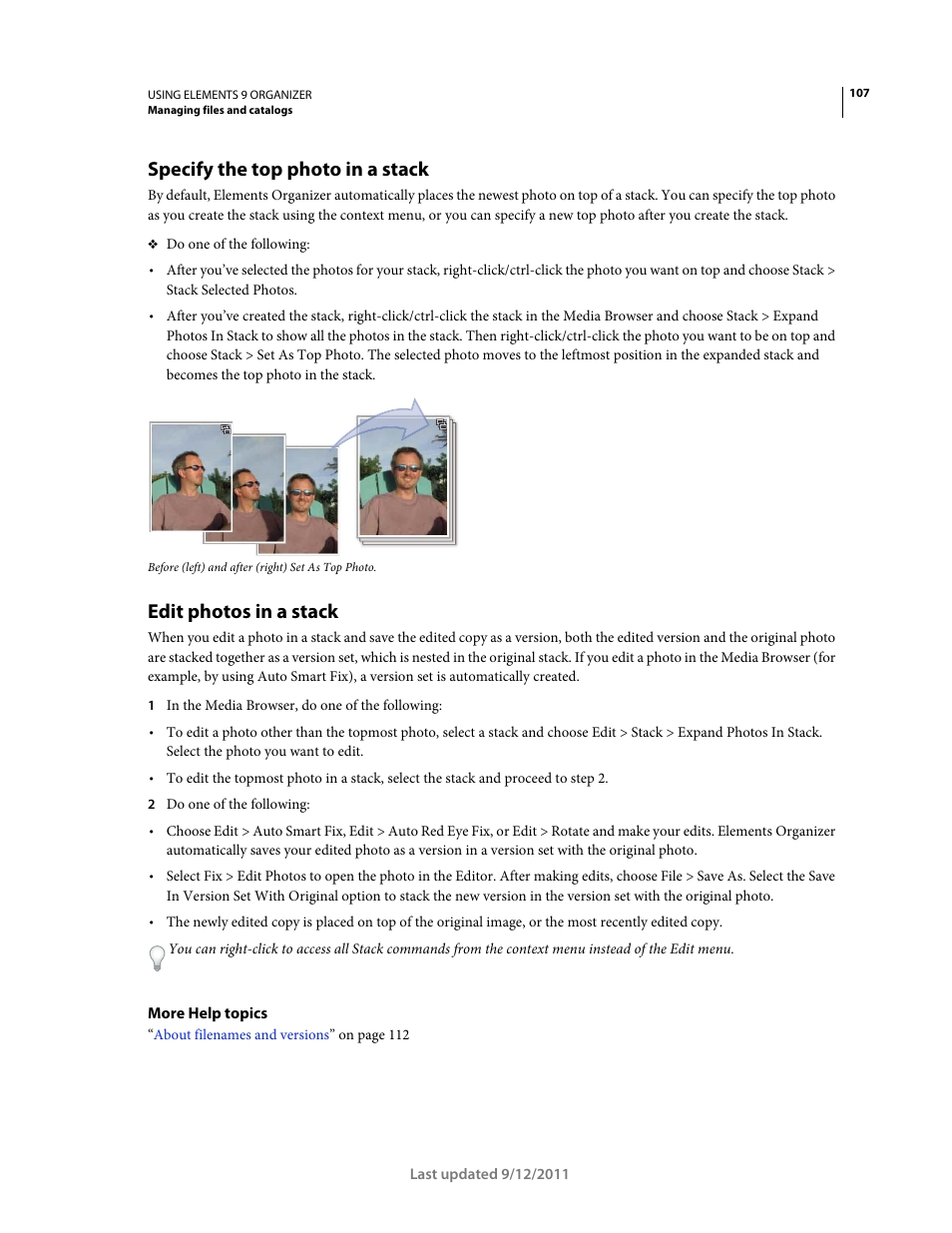 Specify the top photo in a stack, Edit photos in a stack | Adobe Elements Organizer 9 User Manual | Page 111 / 180