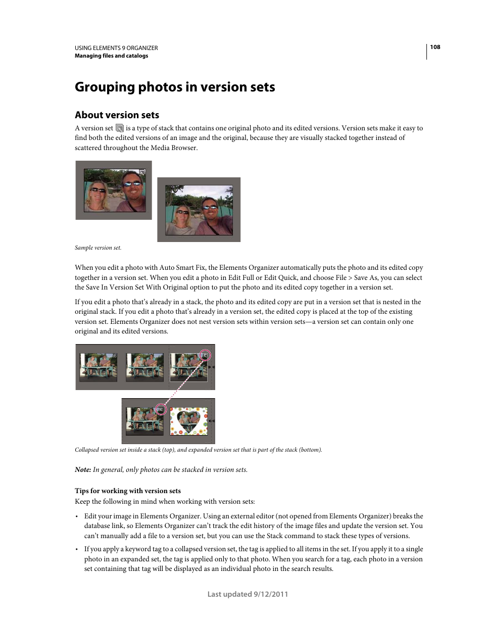 Grouping photos in version sets, About version sets | Adobe Elements Organizer 9 User Manual | Page 112 / 180