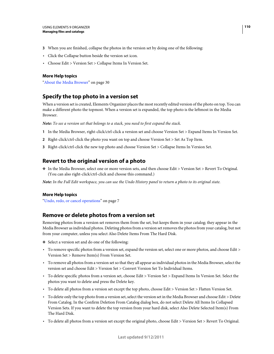 Specify the top photo in a version set, Revert to the original version of a photo, Remove or delete photos from a version set | Adobe Elements Organizer 9 User Manual | Page 114 / 180