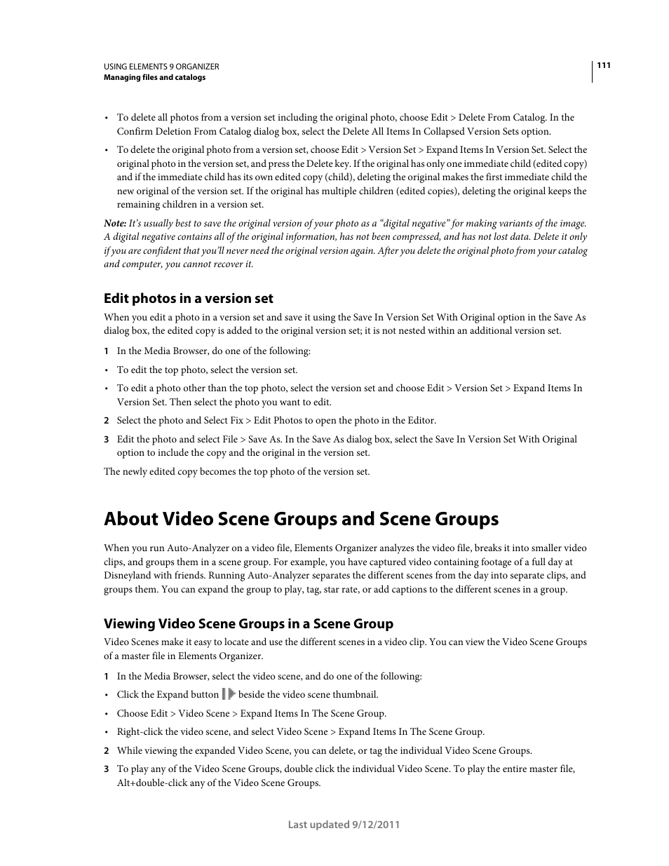 Edit photos in a version set, About video scene groups and scene groups, Viewing video scene groups in a scene group | Adobe Elements Organizer 9 User Manual | Page 115 / 180