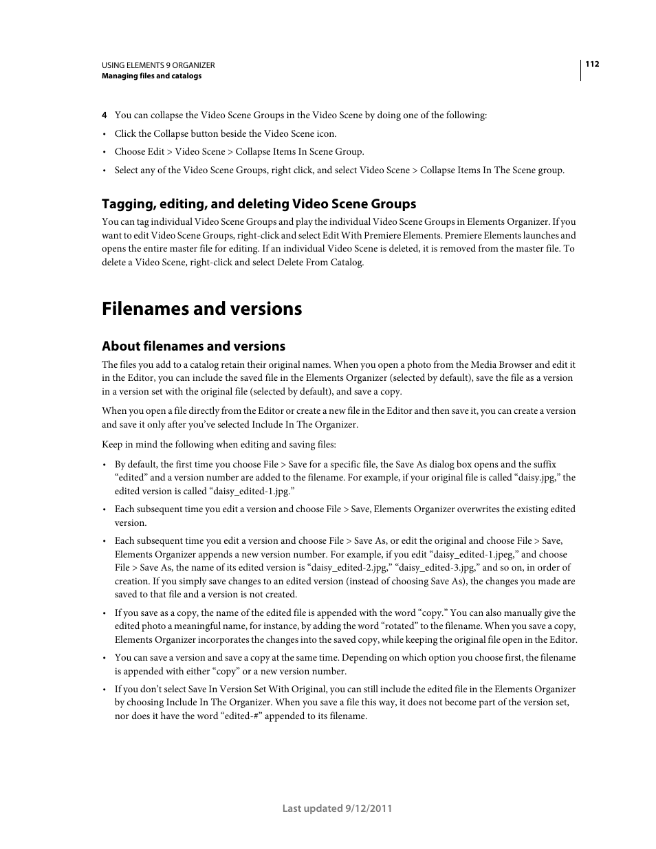 Tagging, editing, and deleting video scene groups, Filenames and versions, About filenames and versions | Adobe Elements Organizer 9 User Manual | Page 116 / 180