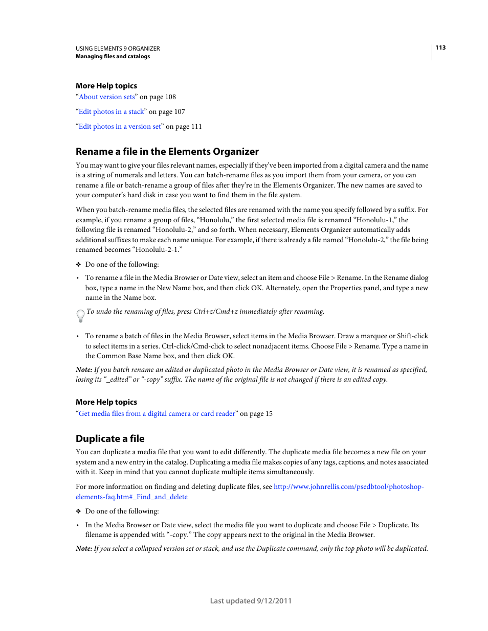 Rename a file in the elements organizer, Duplicate a file | Adobe Elements Organizer 9 User Manual | Page 117 / 180