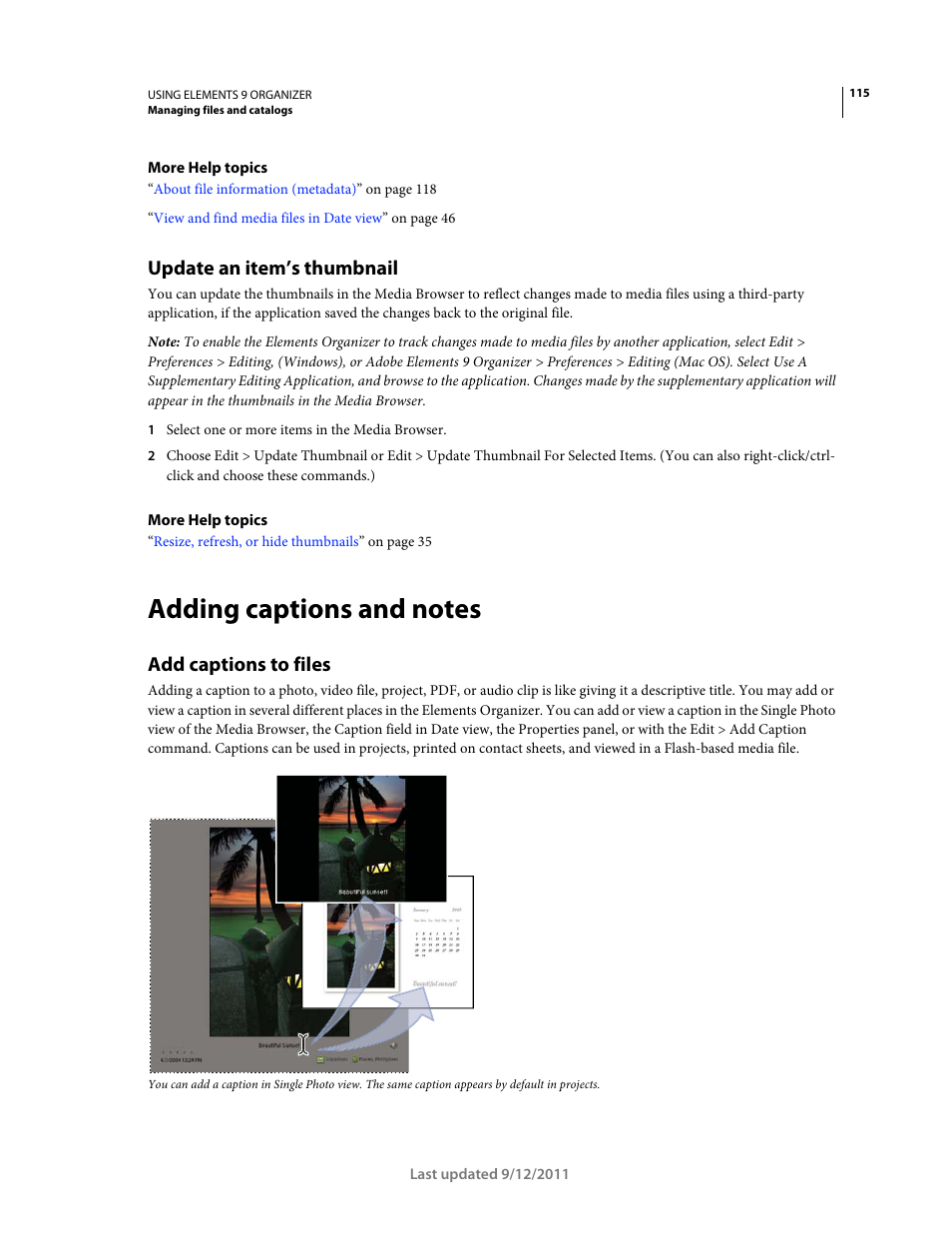 Update an item’s thumbnail, Adding captions and notes, Add captions to files | Adobe Elements Organizer 9 User Manual | Page 119 / 180