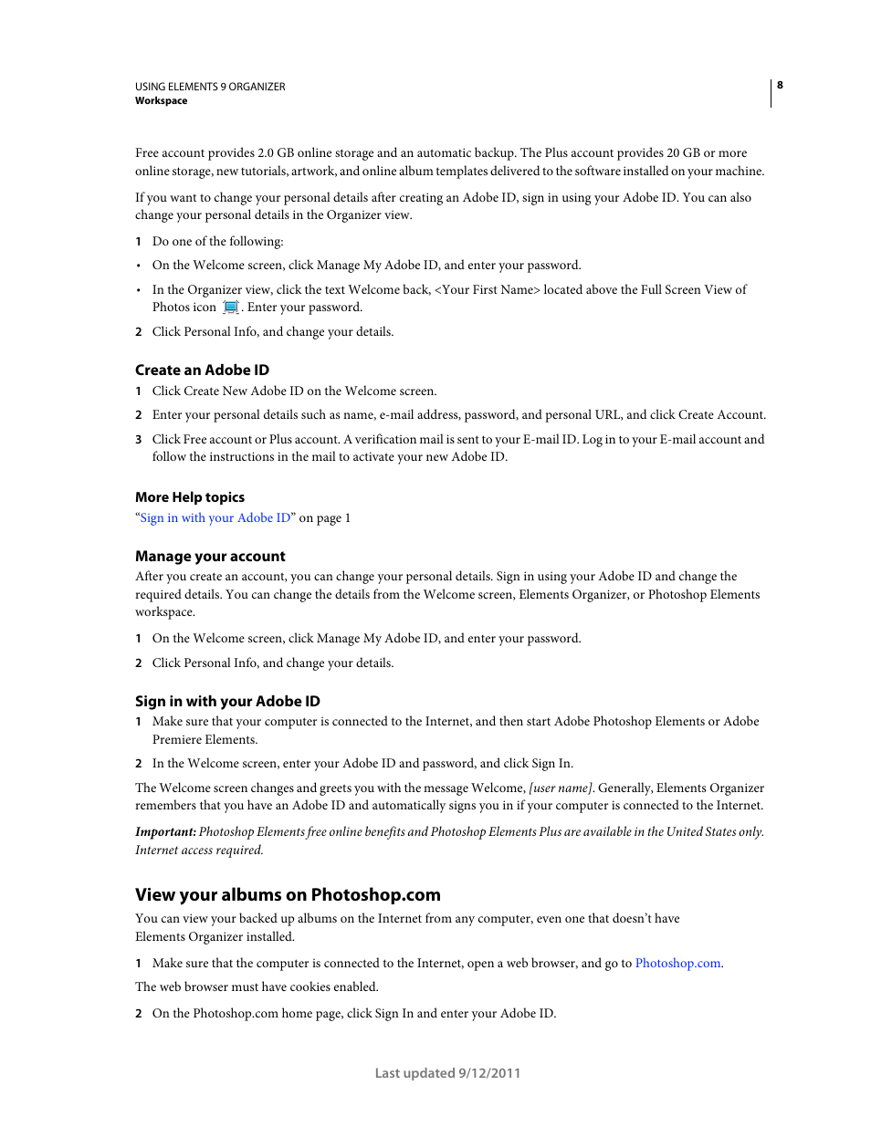 Create an adobe id, Manage your account, Sign in with your adobe id | View your albums on photoshop.com | Adobe Elements Organizer 9 User Manual | Page 12 / 180