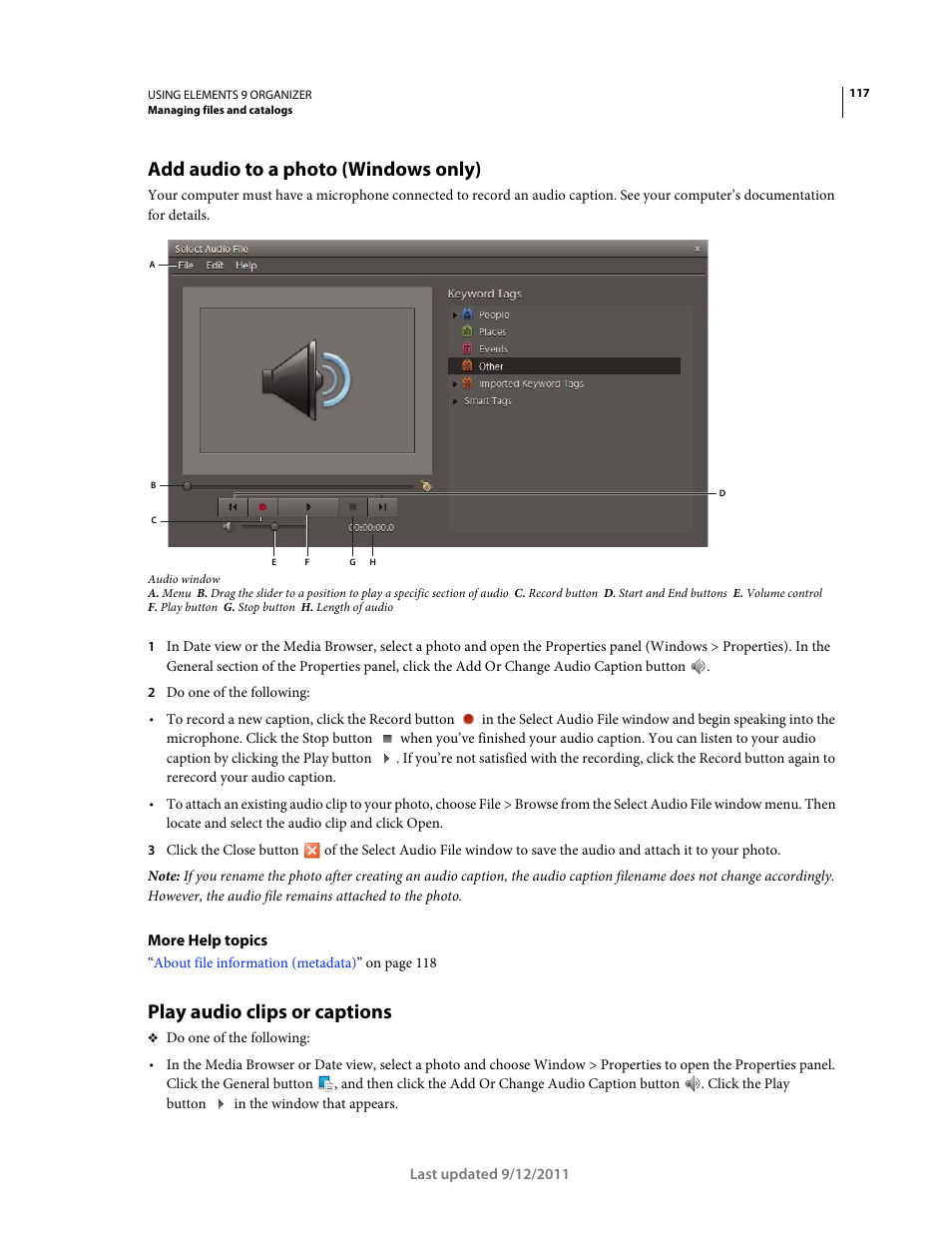 Add audio to a photo (windows only), Play audio clips or captions | Adobe Elements Organizer 9 User Manual | Page 121 / 180