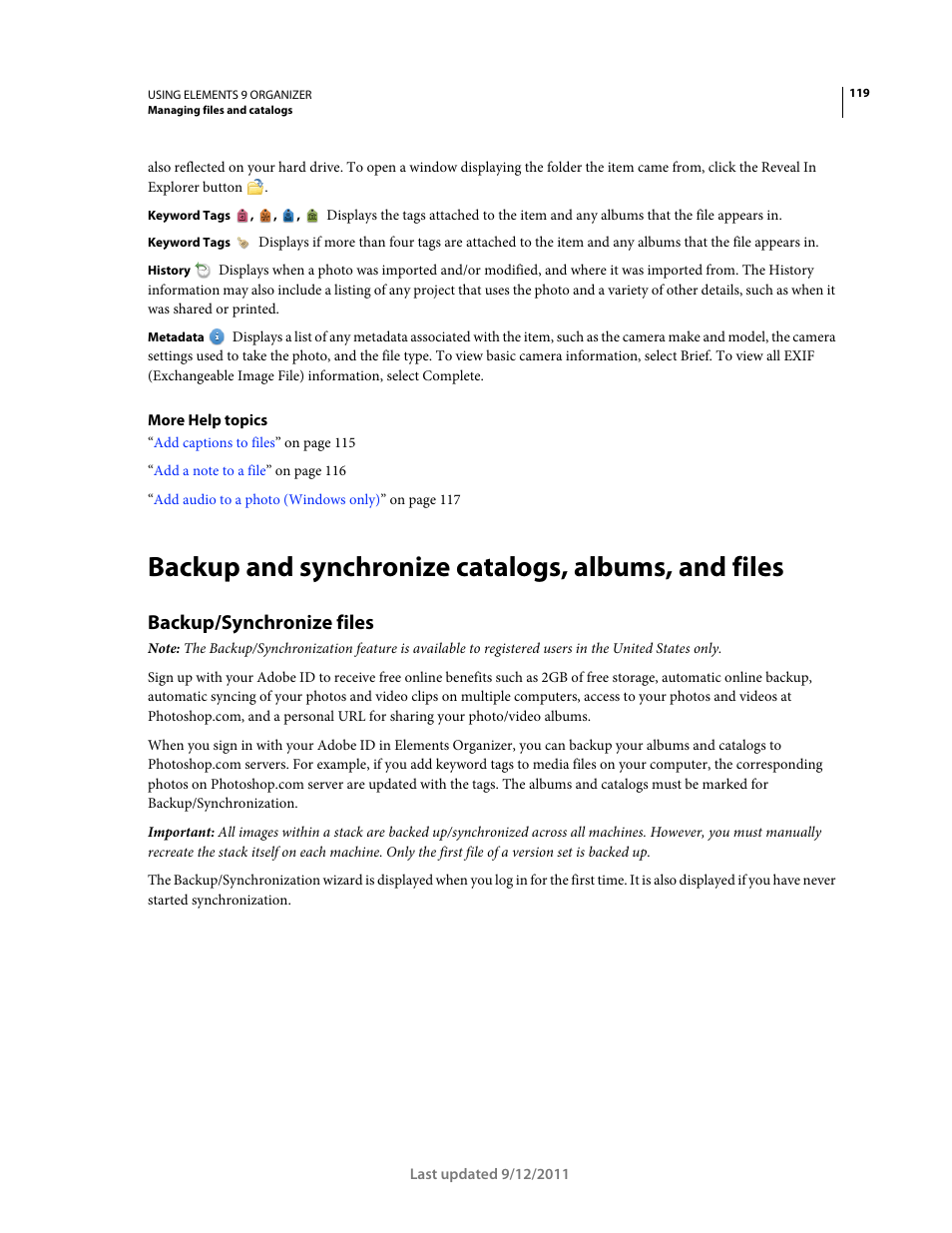 Backup and synchronize catalogs, albums, and files, Backup/synchronize files | Adobe Elements Organizer 9 User Manual | Page 123 / 180