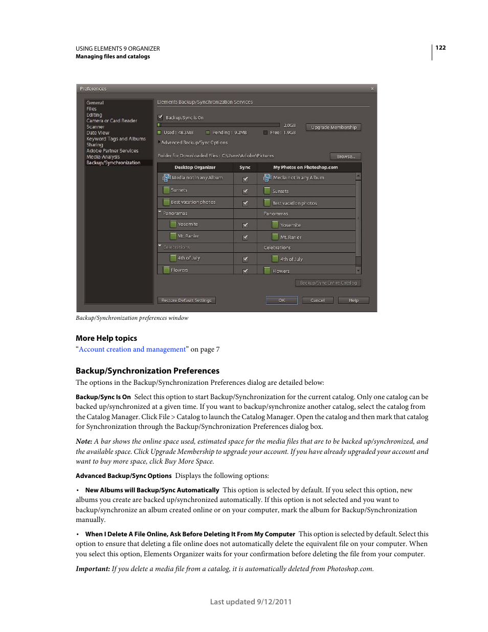 Backup/synchronization preferences | Adobe Elements Organizer 9 User Manual | Page 126 / 180