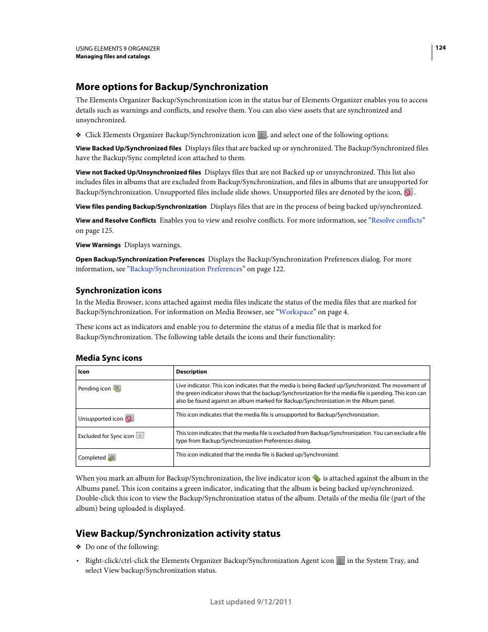 More options for backup/synchronization, Synchronization icons, Media sync icons | View backup/synchronization activity status | Adobe Elements Organizer 9 User Manual | Page 128 / 180