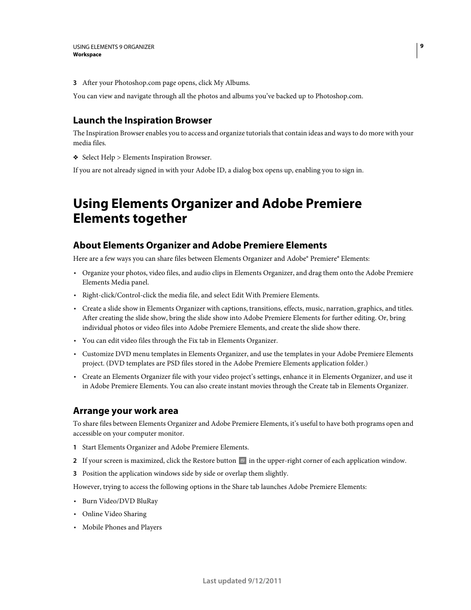 Launch the inspiration browser, Arrange your work area | Adobe Elements Organizer 9 User Manual | Page 13 / 180