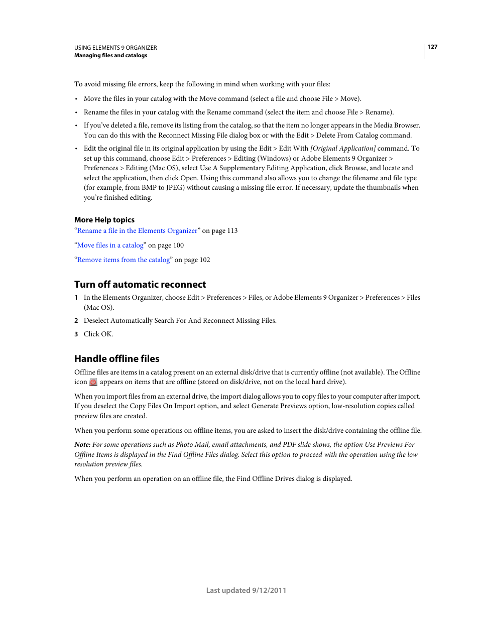 Turn off automatic reconnect, Handle offline files | Adobe Elements Organizer 9 User Manual | Page 131 / 180