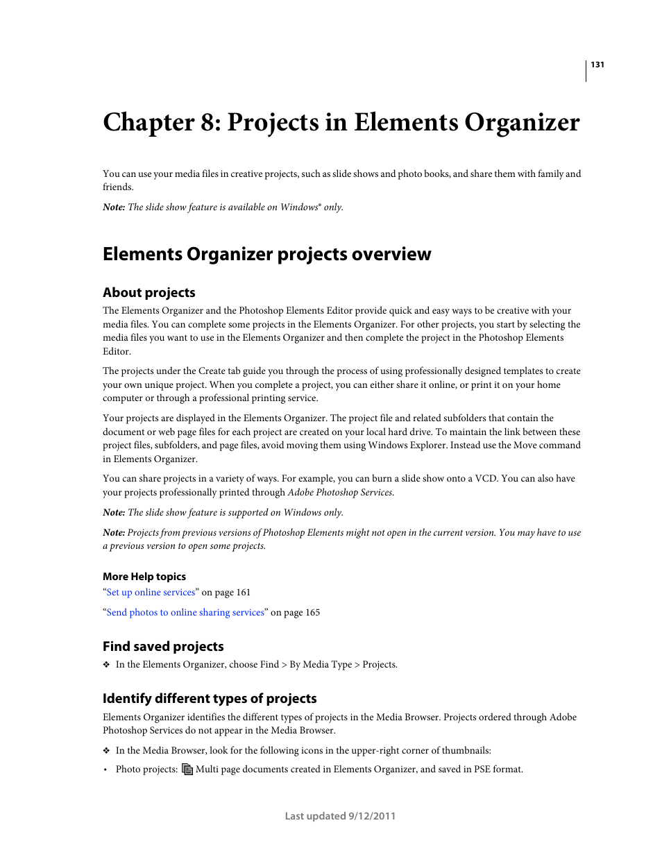 Chapter 8: projects in elements organizer, Elements organizer projects overview, About projects | Find saved projects, Identify different types of projects | Adobe Elements Organizer 9 User Manual | Page 135 / 180
