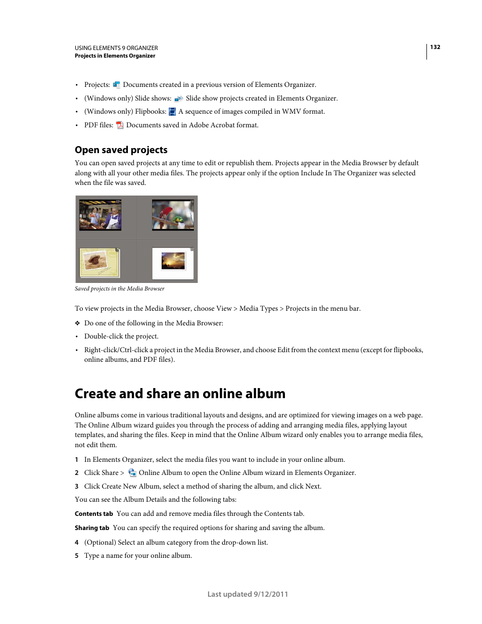 Open saved projects, Create and share an online album | Adobe Elements Organizer 9 User Manual | Page 136 / 180