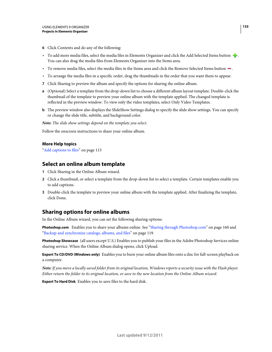 Select an online album template, Sharing options for online albums | Adobe Elements Organizer 9 User Manual | Page 137 / 180