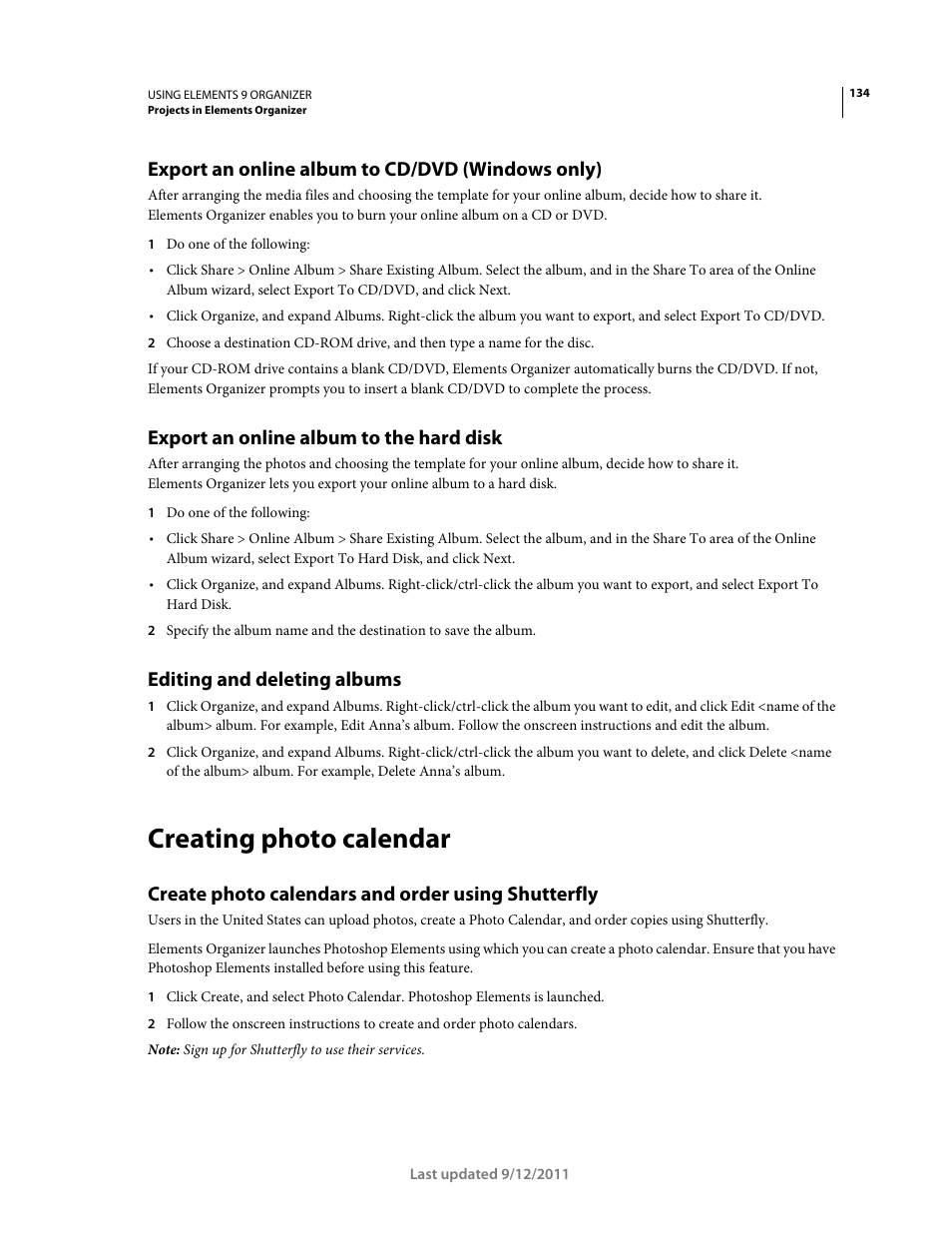 Export an online album to cd/dvd (windows only), Export an online album to the hard disk, Editing and deleting albums | Creating photo calendar, Create photo calendars and order using shutterfly | Adobe Elements Organizer 9 User Manual | Page 138 / 180