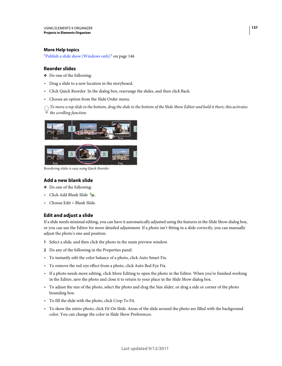 Reorder slides, Add a new blank slide, Edit and adjust a slide | Adobe Elements Organizer 9 User Manual | Page 141 / 180