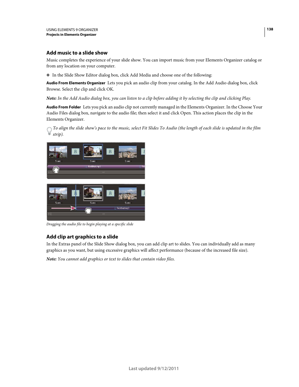 Add music to a slide show, Add clip art graphics to a slide | Adobe Elements Organizer 9 User Manual | Page 142 / 180