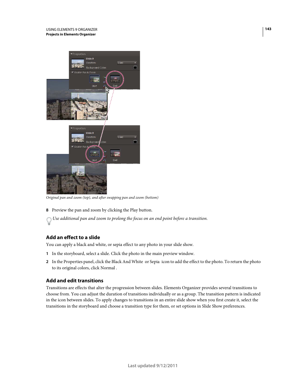 Add an effect to a slide, Add and edit transitions | Adobe Elements Organizer 9 User Manual | Page 147 / 180