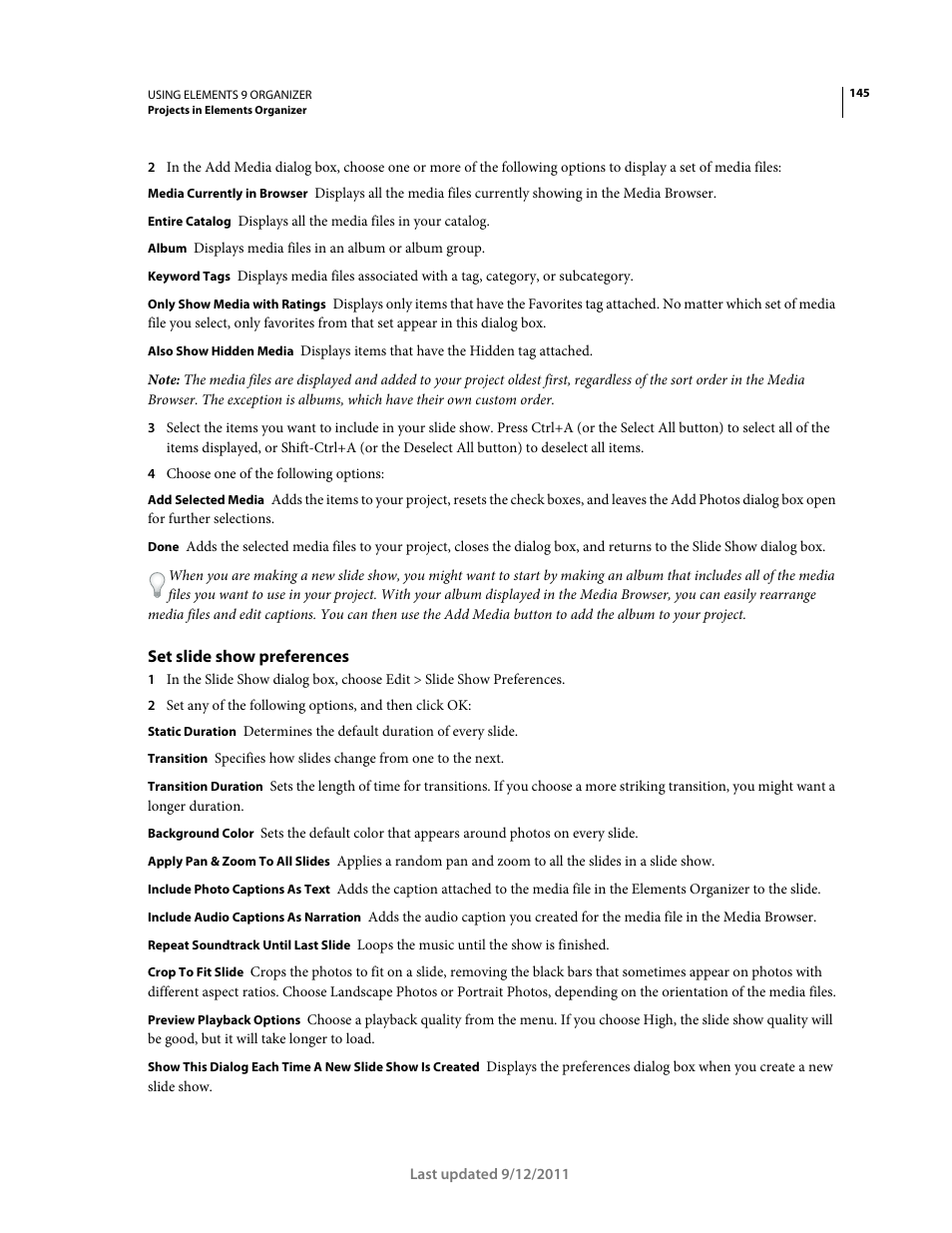 Set slide show preferences | Adobe Elements Organizer 9 User Manual | Page 149 / 180