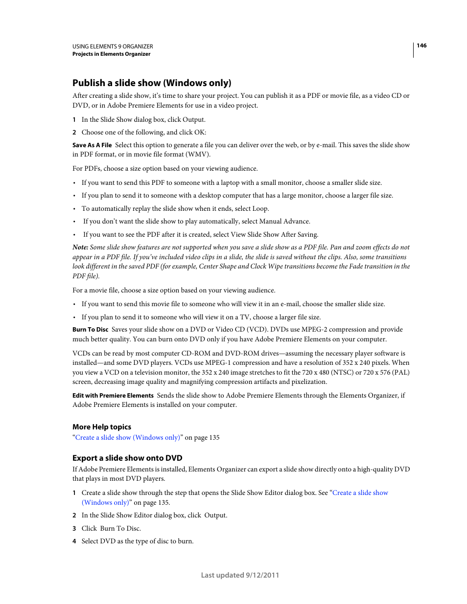 Publish a slide show (windows only), Export a slide show onto dvd | Adobe Elements Organizer 9 User Manual | Page 150 / 180