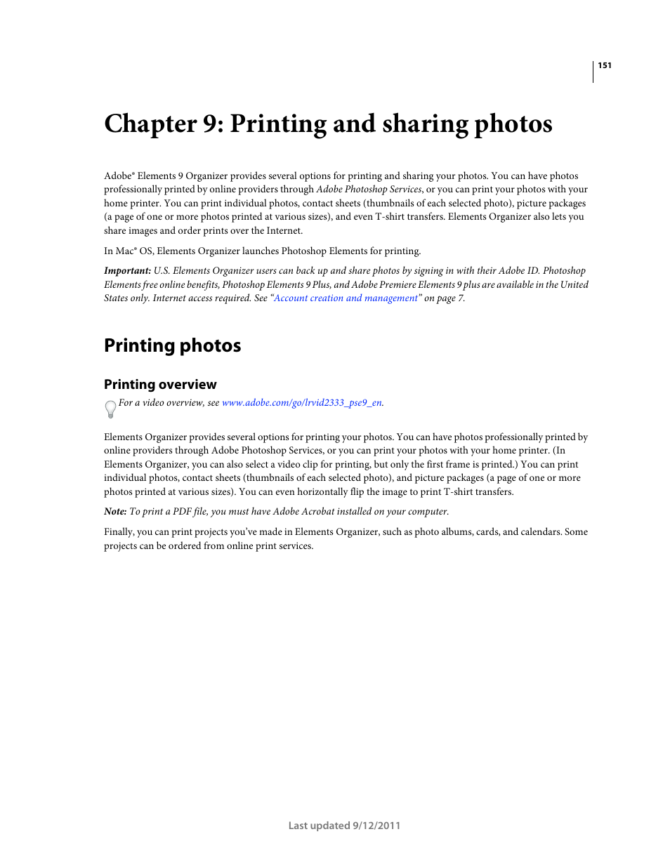 Chapter 9: printing and sharing photos, Printing photos, Printing overview | Adobe Elements Organizer 9 User Manual | Page 155 / 180