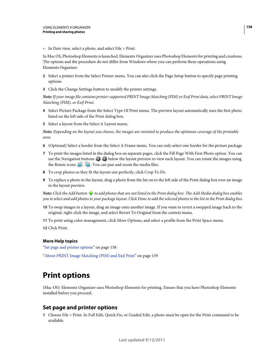 Print options, Set page and printer options | Adobe Elements Organizer 9 User Manual | Page 162 / 180