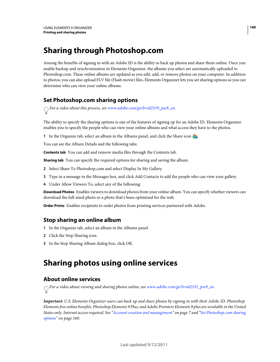 Sharing through photoshop.com, Set photoshop.com sharing options, Stop sharing an online album | Sharing photos using online services, About online services | Adobe Elements Organizer 9 User Manual | Page 164 / 180