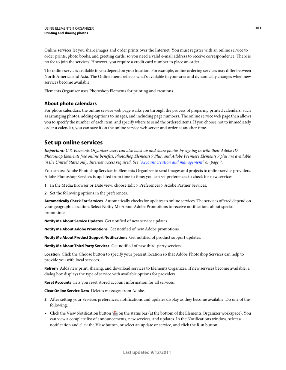 About photo calendars, Set up online services | Adobe Elements Organizer 9 User Manual | Page 165 / 180