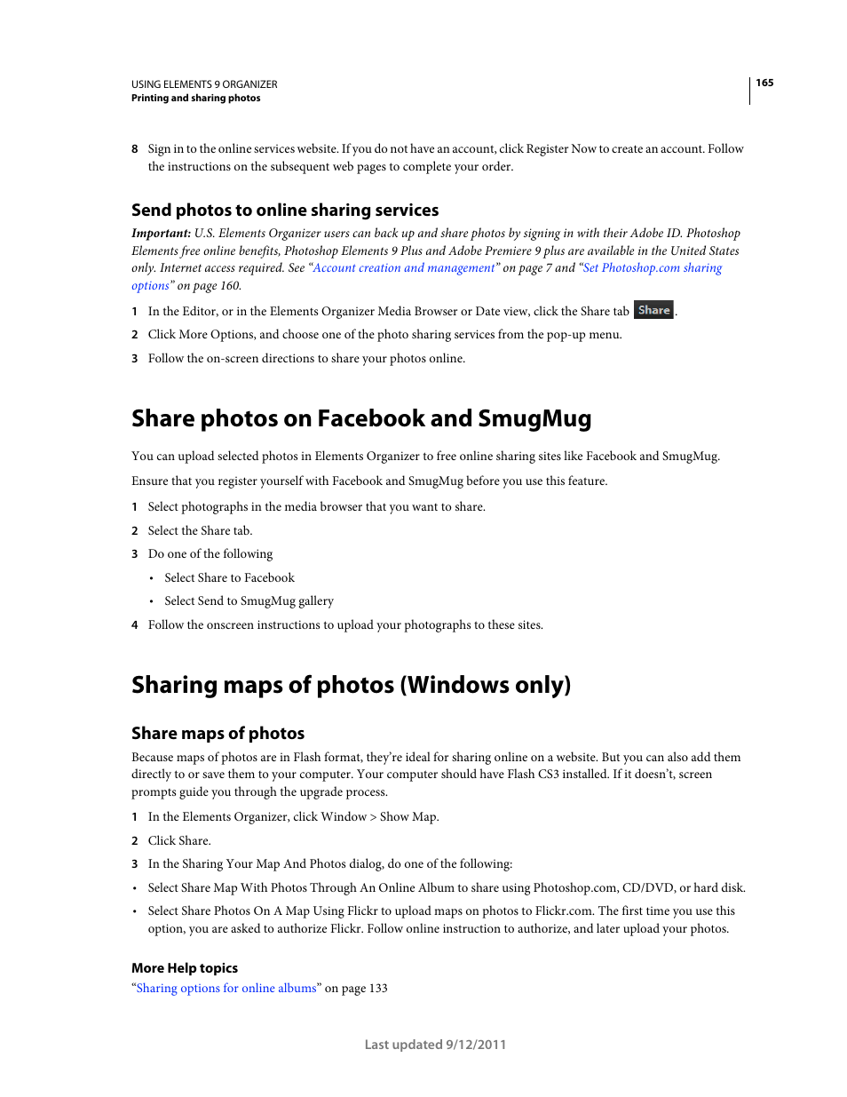 Send photos to online sharing services, Share photos on facebook and smugmug, Sharing maps of photos (windows only) | Share maps of photos | Adobe Elements Organizer 9 User Manual | Page 169 / 180