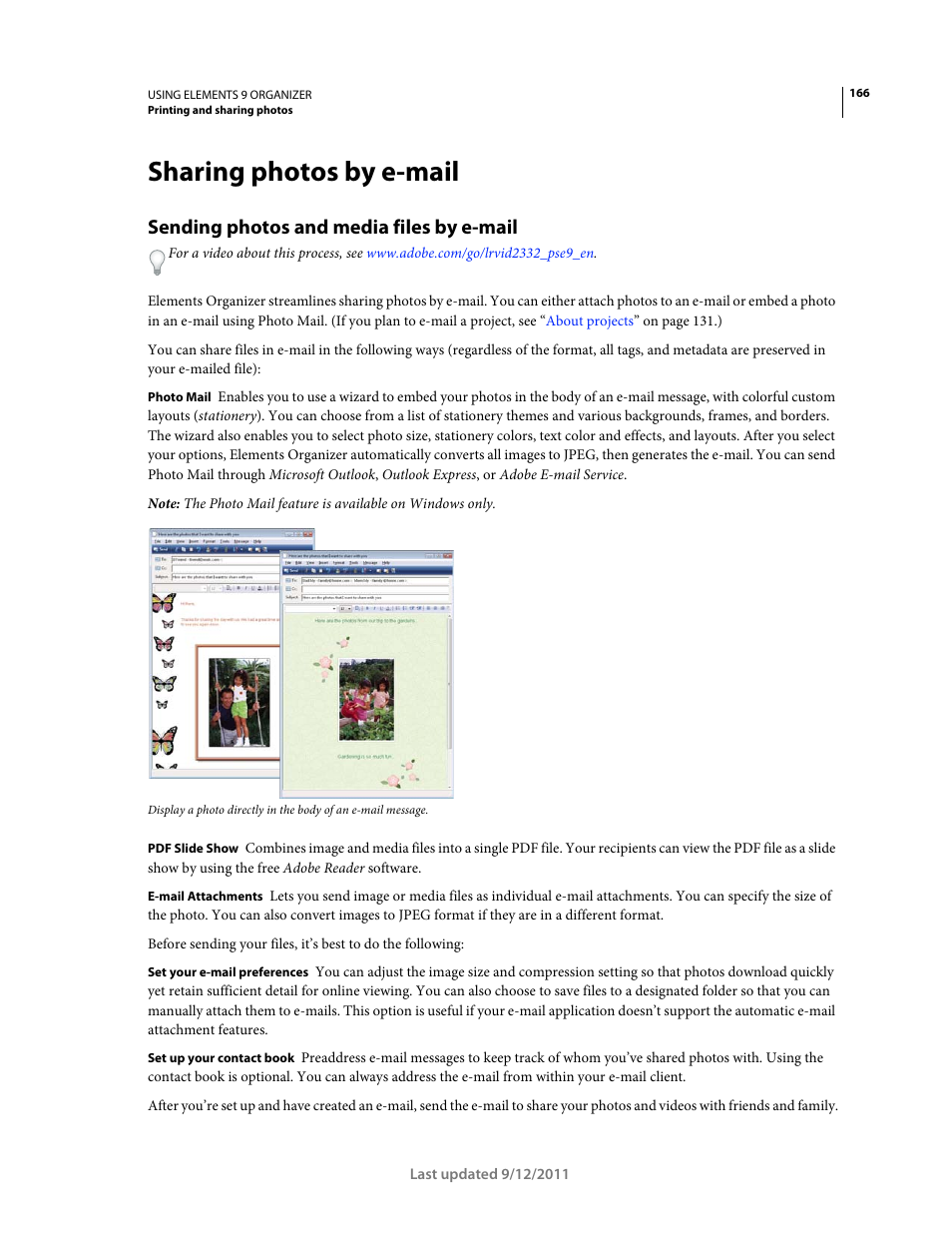 Sharing photos by e-mail, Sending photos and media files by e-mail | Adobe Elements Organizer 9 User Manual | Page 170 / 180