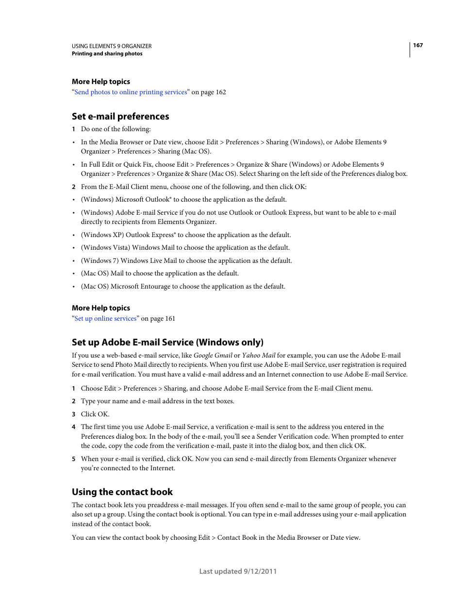 Set e-mail preferences, Set up adobe e-mail service (windows only), Using the contact book | Adobe Elements Organizer 9 User Manual | Page 171 / 180