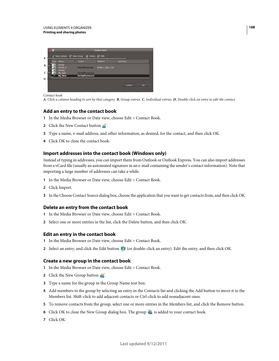 Add an entry to the contact book, Delete an entry from the contact book, Edit an entry in the contact book | Create a new group in the contact book | Adobe Elements Organizer 9 User Manual | Page 172 / 180